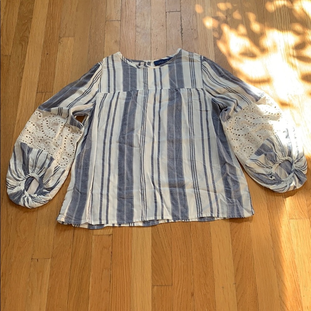 Blue and White Wide Sleeve Blouse